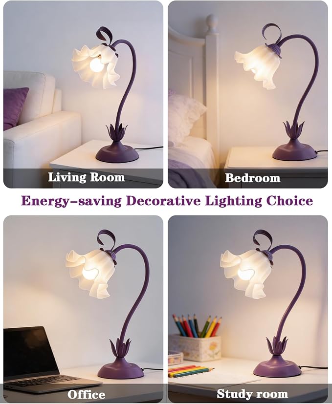 WERFOP Flower Table Lamp, LED Reading Light Vintage Bedside Table Lamp with 3 Color Modes for Nightstand, Kawaii Decoration for Home Bedroom Living Room (Purple) - Image 5
