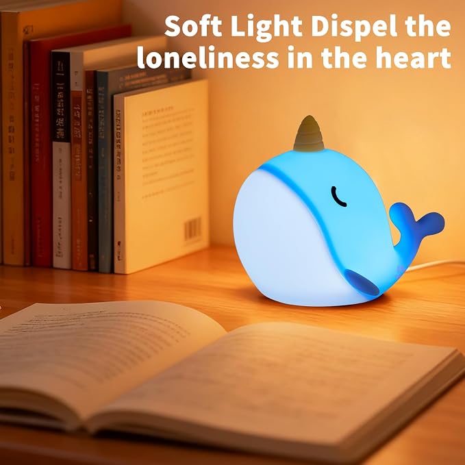 Narwhal Night Light, USB-C Rechargeable Silicone Lamp with Tap Control, 3-Level Dimming & 30-Min Auto Timer, 7-Color Changing Squishy Nursery Light, Birthday Gift for Kids - Image 6