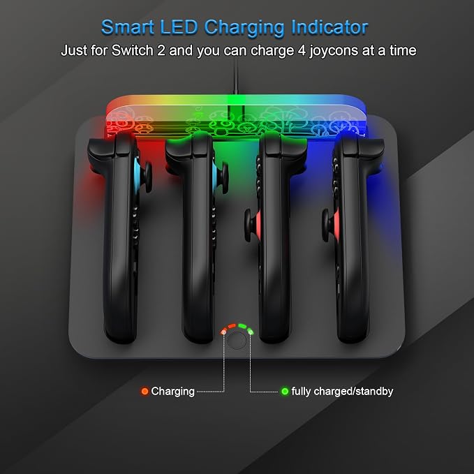 Joy-Con Charging Dock for Nintendo Switch 2, JoyCons 2 Charger Accessories 4 in 1 with LED Indicator, Vibration RGB Light and Charging Cable - Image 3