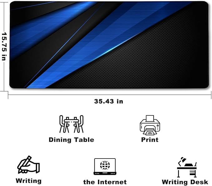 Desk Pad Large Gaming Mouse Pad Extended Keyboard Mouse Mat,Black Blue | 35.4 X 15.7 Inch Desk Pad Non-Slip Rubber Base Stitched Edge Computers Laptop Desk Home Office Accessories - Image 2