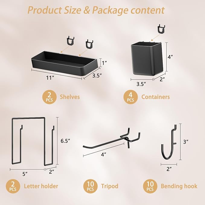 FZK 28-Packs Peg Board Organizer Accessories Kit, Black | Includes ABS bins, shelves, book racks, and pegboard hooks, fits standard pegboards, ideal for home, office and gaming room - Image 2