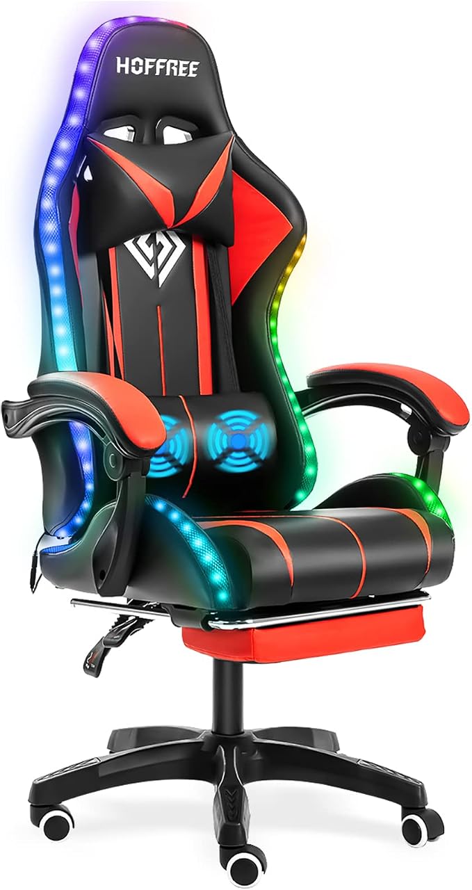 RGB Gaming Chair with LED Lights Massage Ergonomic Computer Chairs-Red | High Back Video Game Chair with Footrest & Adjustable Lumbar Support Gamer Chairs for Adults Racing Style Recline by Vanspace
