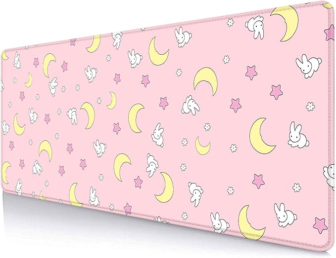 IMAYONDIA Pink Kawaii Desk Pad, Cute Moon Bunny Desk Mat Computer Pad Desktop,Laptop Protector Aesthetic Anime Mousepad Writing Pad for Office Home School,Large Gaming Mouse Pad Tarot Mat,31.5 X 11.8 by IMAYONDIA