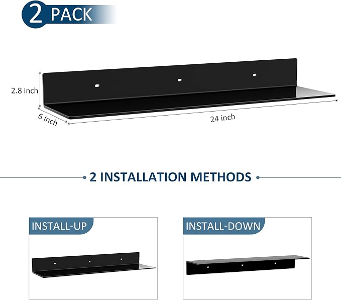 Sezanrpt 24 Inches Acrylic Wall Shelves 2 Pack, Floating Shelf for Wall Mounting, Acrylic Display Ledges for Funko Pop Figures, Home Décor, Living Room, Gaming Room, Plants(24 inch, Black) - Image 3