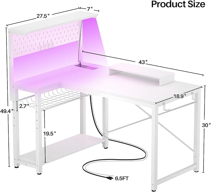 Homieasy Small Gaming Desk with Power Outlets Pegboard LED Light, 43 Inch L Shaped Computer Desk with Monitor Stand Storage Shelves, Reversible Corner Desk with Headset Hooks, White - Image 3