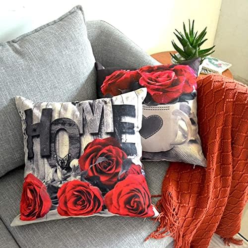 Red Christmas Pillow Covers for Couch Living Room Decor 20x20" Set of 4, Cotton Linen Square Rose Floral Throw Pillow Cover Black Gray Flower Decorative Cushion Case Sofa Bed Bedroom Home Decorations - Image 4