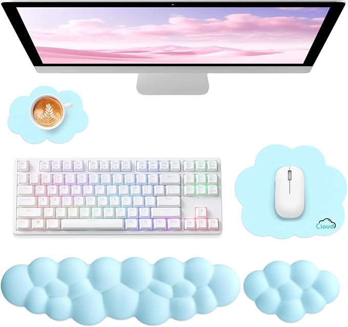Sushret Cloud Wrist Rest for Computer Keyboard and Mouse Pad Set, Blue | Memory Foam, Leather, 4-in-1 Cloud Keyboard Wrist Rest Set with Ergonomic Support for Arm and Palm Cushion, Gaming/Work Setup by Sushret