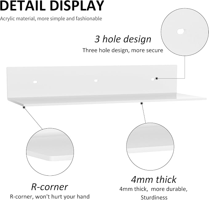 Sezanrpt 15 Inches Acrylic Wall Shelves 2 Pack, Floating Shelf for Wall Mounting, Acrylic Display Ledges for Funko Pop Figures, Home Décor, Living Room, Gaming Room, Plants(15 inch, White) - Image 4