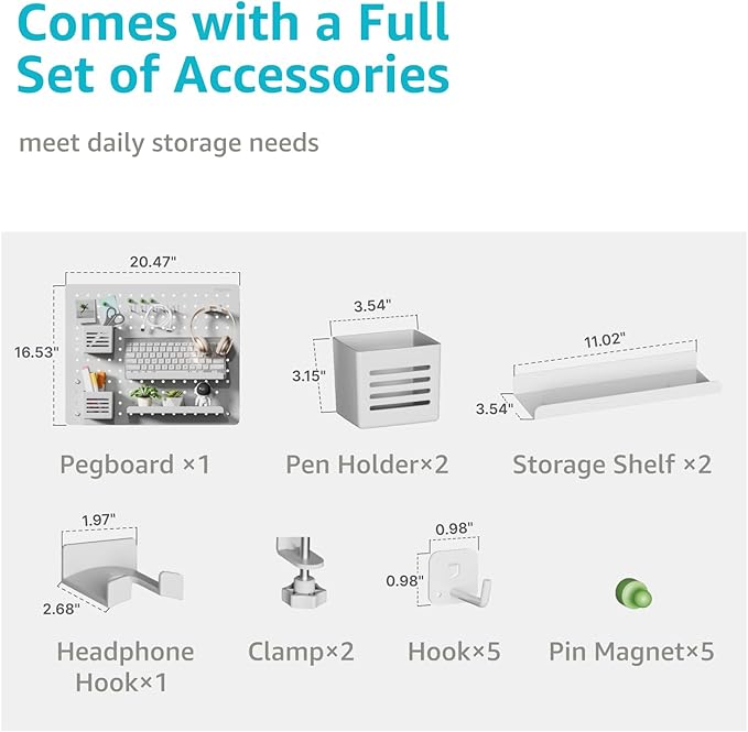 PEGZONE Clamp on Desk Pegboard, 20.4" x 16.5", with 15 Accessories, White | Magnetic Metal Peg Board, Desk Organizer for Office Gaming Home, Privacy Panel, Large - Image 2