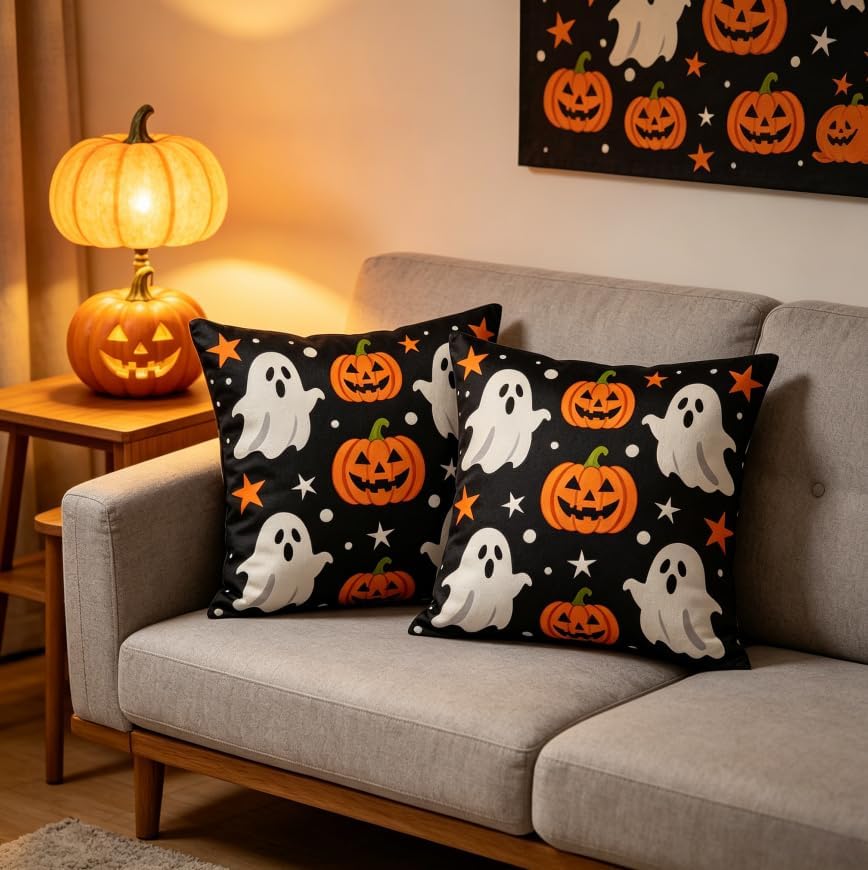 Halloween Ghost Throw Pillow Covers, Black, Linen, 18x18 Inch, Set of 2, Machine Washable, Square, Living Room - Image 5