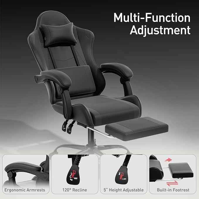 MoNiBloom Gaming Chair, Footrest & Lumbar Support, Height Adjust, Black | Headrest & Lumbar Support, Ergonomic Computer chair, for Adult Teen Office or Gaming,Swivel game chair, leather gaming chair - Image 6
