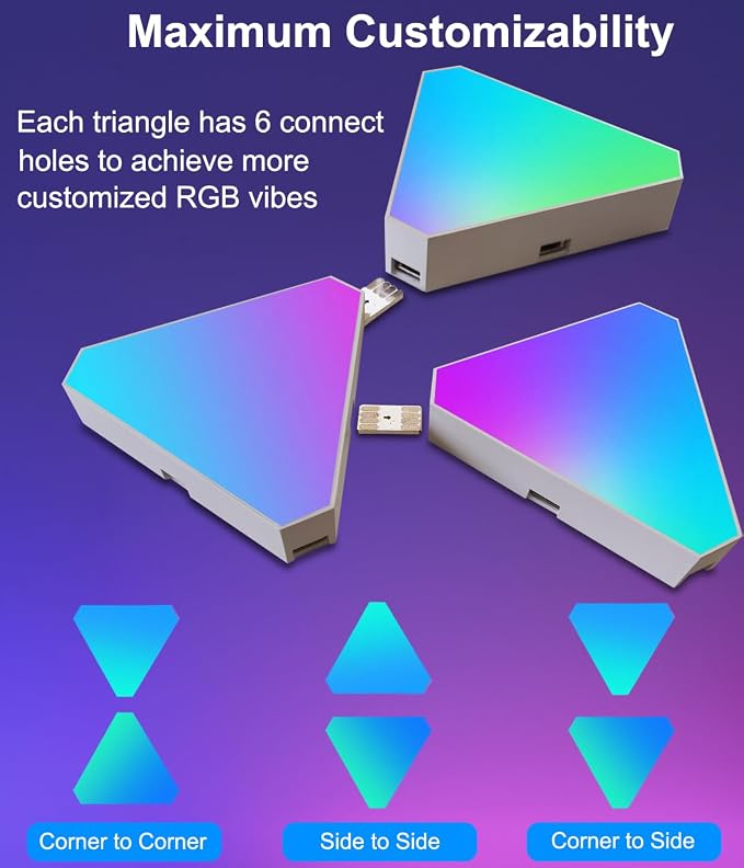 Triangle Light Panels, RGB Gaming Lights for Gaming Setup, DIY Triangle LED Wall Lights with 6 Connection Ports, APP and Remote Controlled, Music Sync for Gaming Room Bedroom Streaming, 10 Pack - Image 3