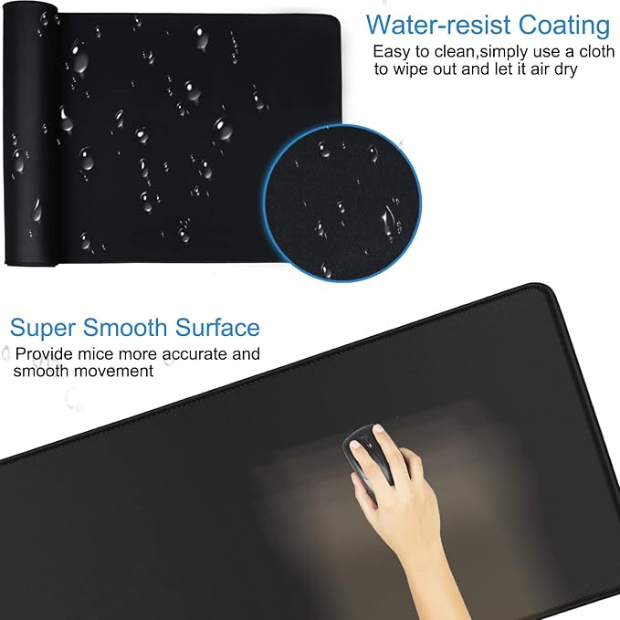 Mouse Pad Gaming, Extra Large Mousepad with Stitched Edges, Non-Slip Base | Large MousePad, Premium Microfiber Cloth Surface, Waterproof Keyboard Desk Mat for Home Office Gaming, 31.5 x 11.8 in, Black - Image 2