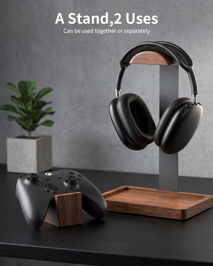 Headphone Stand and Controller Holder, 2-in-1 Walnut Wood Gaming Desk Organizer Compatible with Controllers, Display Mount for AirPods Max, Bose, Sennheiser, Gift for Gamers - Image 2