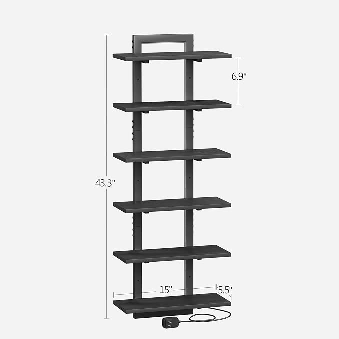 LED Wall Mounted Display Shelf with RGB Lights, 6-Tier Vertical Wall Shelf for Gaming Room, Bedroom and Living Room, Floating Shelves for Collectibles and Decor, 15"W x 5.5"D x 43.3"H, Black - Image 3