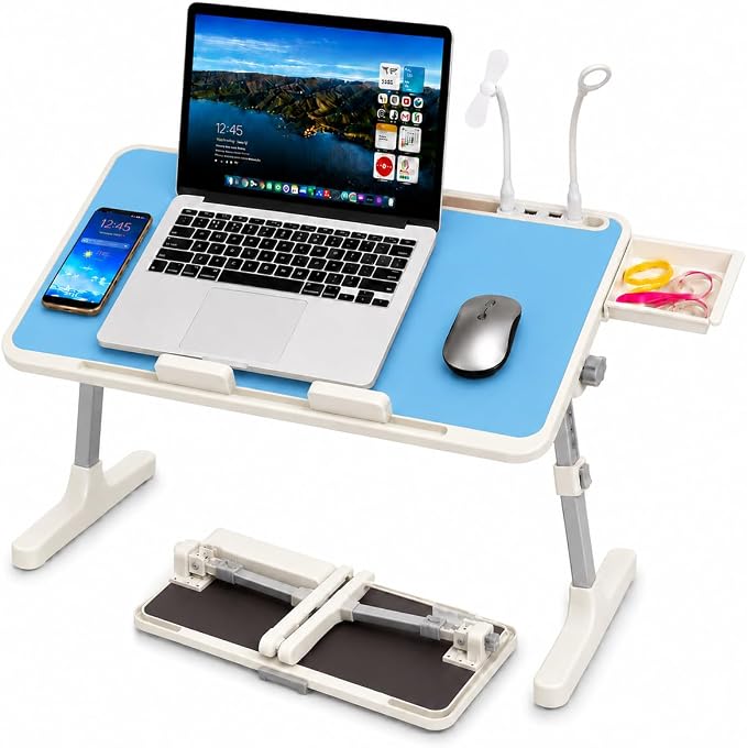 Laptop Desk for Bed, Height & Angle Adjustable Lap Desk with USB Cooling Fan, LED Light and USB Ports, Foldable Portable Laptop Table for Couch, Sofa, Floor, Reading, Writing (Blue) by PHANCIR