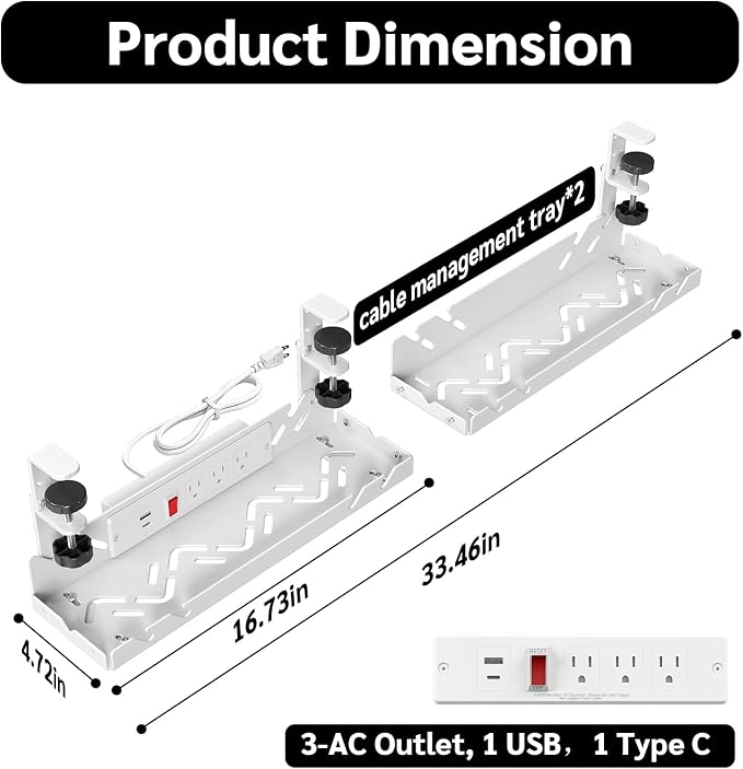 Extended Metal Under Desk Cable Management Tray with Power Outlet - Image 2