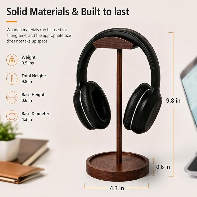 Headphone Stand Nature Wood Headset Hanger Mount Hook Gaming Holder Desktop Earphone Artful Functional Stand for All Headsets with Solid Wooden Base - Image 2