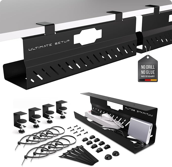Under Desk Cable Management Tray no Drill – Wire Management - Cord Organizer – Huge Load Capacity – Under Desk Cable Tray no Drill (Black, 2 Pieces Set) by UltimateSetup