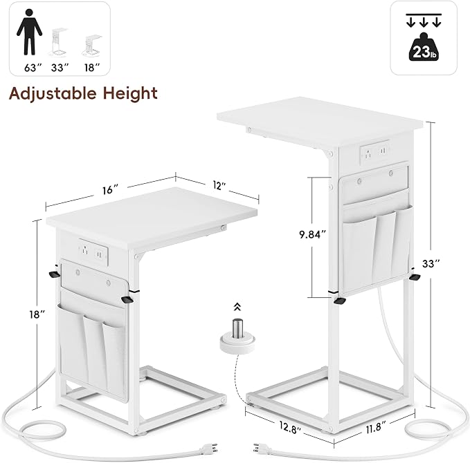 Vagusicc C Shaped End Table with Charging Station, Adjustable Height Side Table for Couch, Small Sofa Table for Small Spaces, Slide Under Sofa Table TV Tray Arm Tables for Living Room, Bedroom, White - Image 3
