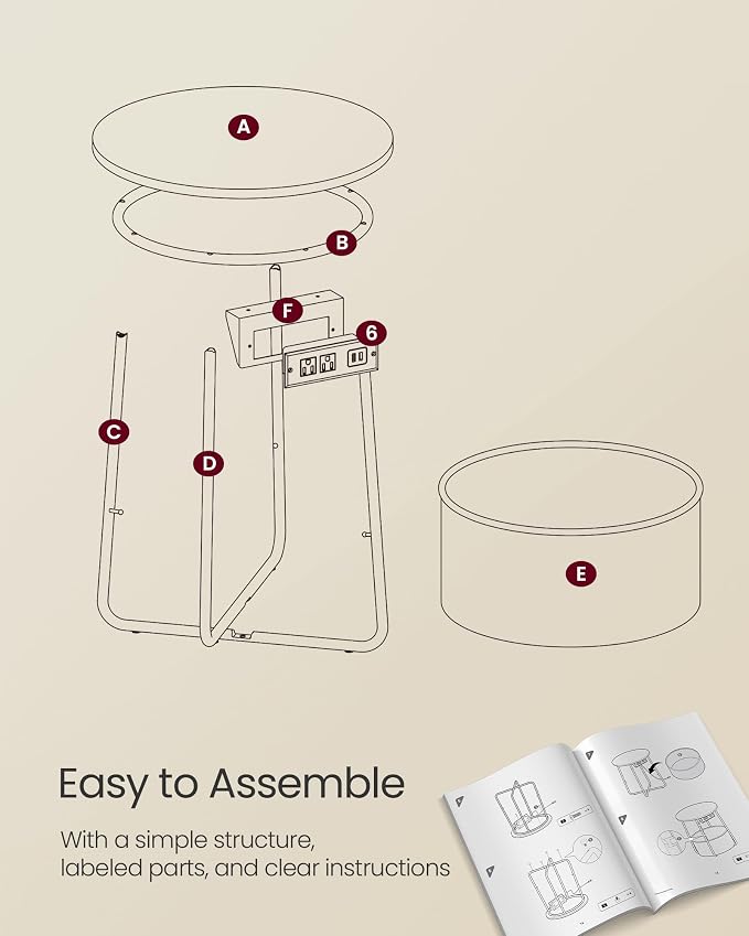 VASAGLE Side Table with Charging Station,Fabric Basket, Round End Table - Image 8