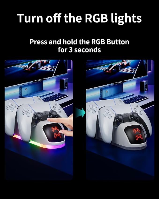 PS5 Controller Charger Station，Upgrade Version with 10 LED Mode & RGB Button, Safe Fast Charging and Overcharge Protection Dock for Dualsense PlayStation 5 Controllers - Image 2