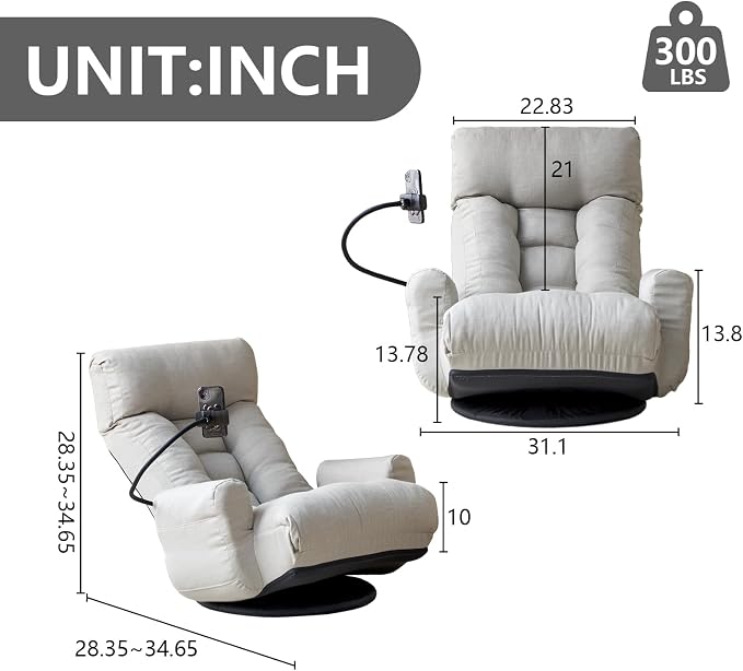 360° Swivel Gaming Floor Chair, 5 Position Adjustable Folding Sofa Chair with Armrests & Phone Holder, Cushion Padded Indoor Chaise Lounge for Adults, Home Office Floor Leisure Chairs, Grey - Image 2