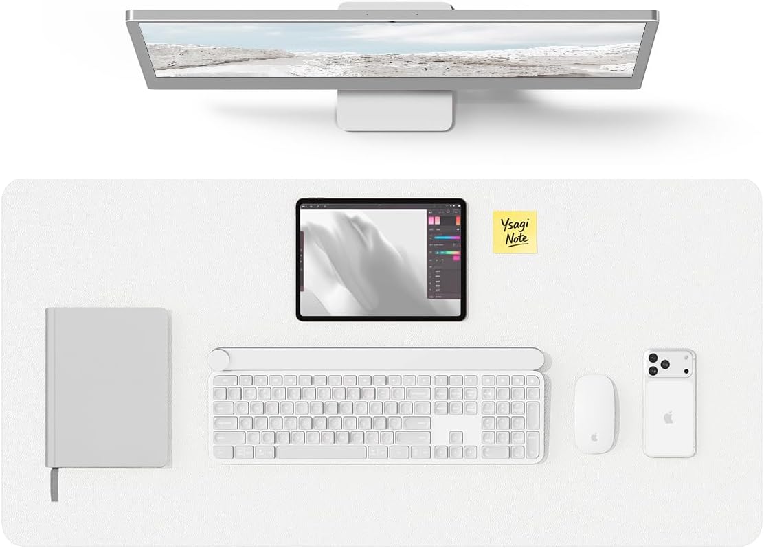 YSAGi Desk Protector&Blotter, Non-Slip Waterproof Leather Mouse Pad | Shields Scratches, Stains, Spills, Heat & Scuffs; Suede Non-Slip; Easy-Clean; Comfy Writing/Typing,31.5" x 15.8", White by YSAGi