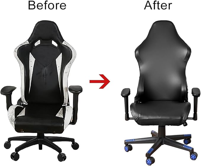 Waterproof PU Leather Gaming Chair Cover, Ergonomic Office Computer Game Chair Slipcovers, 4pcs Set Anti-Slip Stretchy Covers for Reclining Racing Gaming Chair (Black) - Image 6
