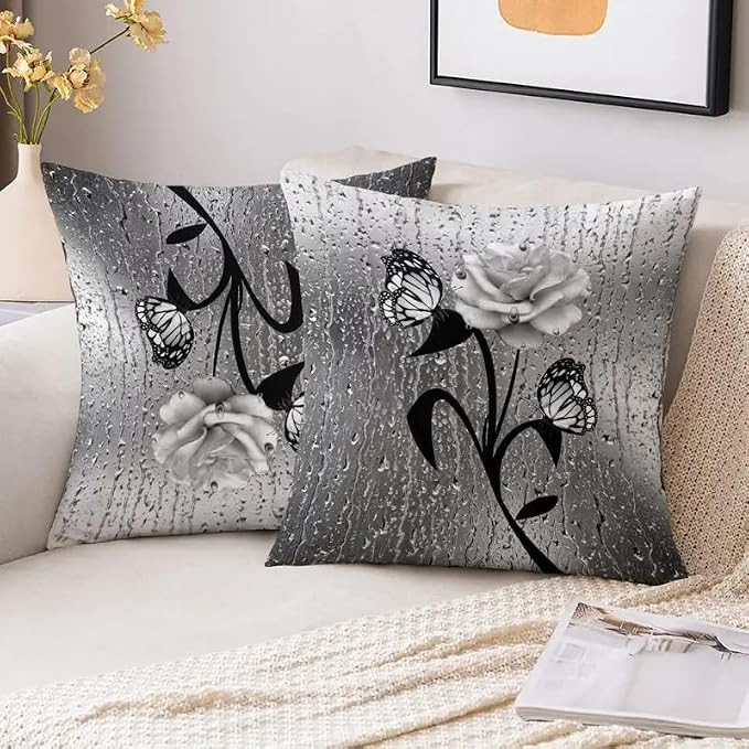 2pcs Elegant Decorative Throw Pillow Cover with Butterfly and Rose Design, Black and White Raindrop Pattern, Square Shape，18x18 Pillows Linen Pillowcase - Image 2