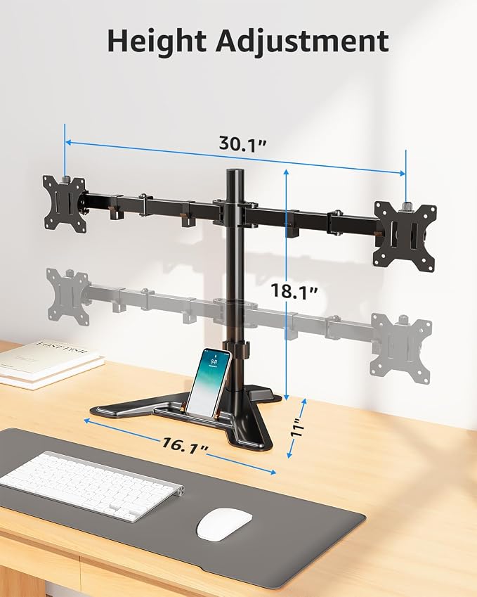MOUNTUP Dual Monitor Stand - Freestanding & Height Adjustable Monitor Desk Mount, Steady VESA Mount Holds Max 17.6 lbs, Computer Monitor Stand for 2 Screens up to 27 inches, For Home Office - Image 3
