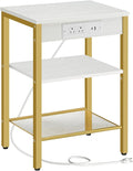 HOOBRO Side Table with Charging Station and USB Port, Small End Table for Small Space, 3-Tier Nightstand with Adjustable Shelf, for Living Room, Bedroom, White and Gold DW112BZ01G1 by HOOBRO