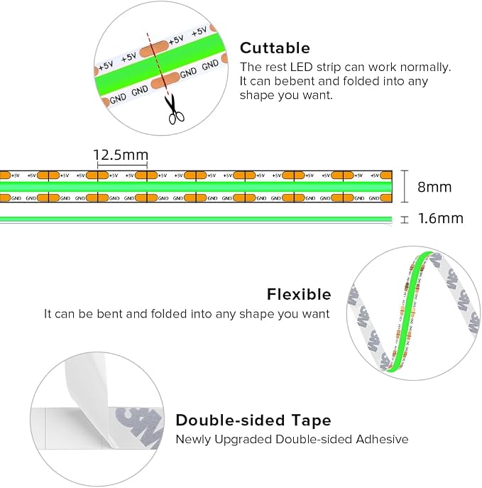 BTF-LIGHTING 5V USB COB LED Strip Lights 9.8FT Green Color for TV - Image 6