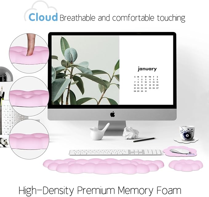 4 in 1 Ergonomic Leather Cloud Wrist Rest Keyboard and Mouse Pad & Coaster | Full 4-Piece Set, Non-Slip PU Base, Soft Memory Foam Comfort For Long Work/Gaming Hours, Cute Desk Decor, Easy To Clean - Image 6