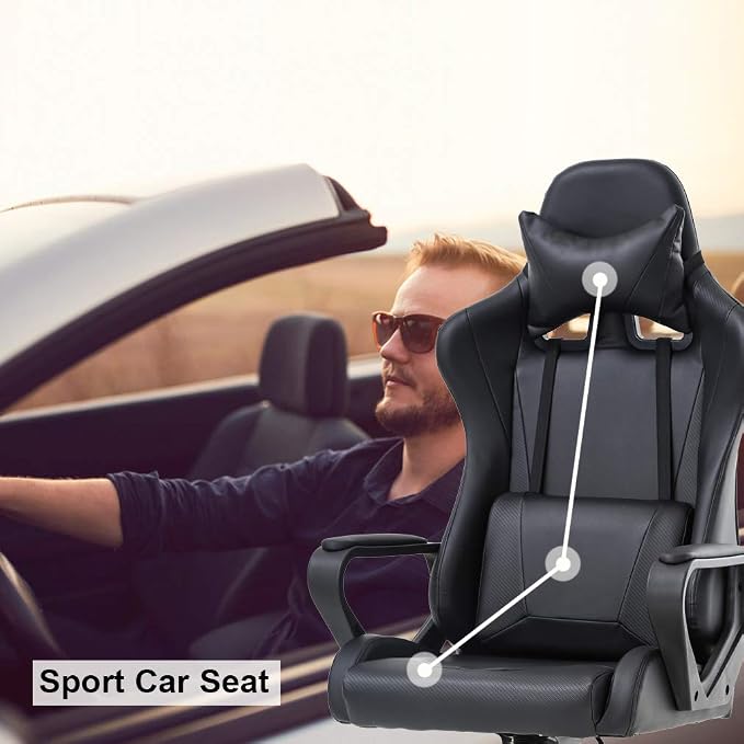 BestOffice Gaming Chair | Black | Desk Chair with Adjustable Lumbar Support | Headrest Pillow | Ergonomic Racing Style Seat with Recline, Swivel Base & Rolling Wheels | For Gamers, Home, Office - Image 6