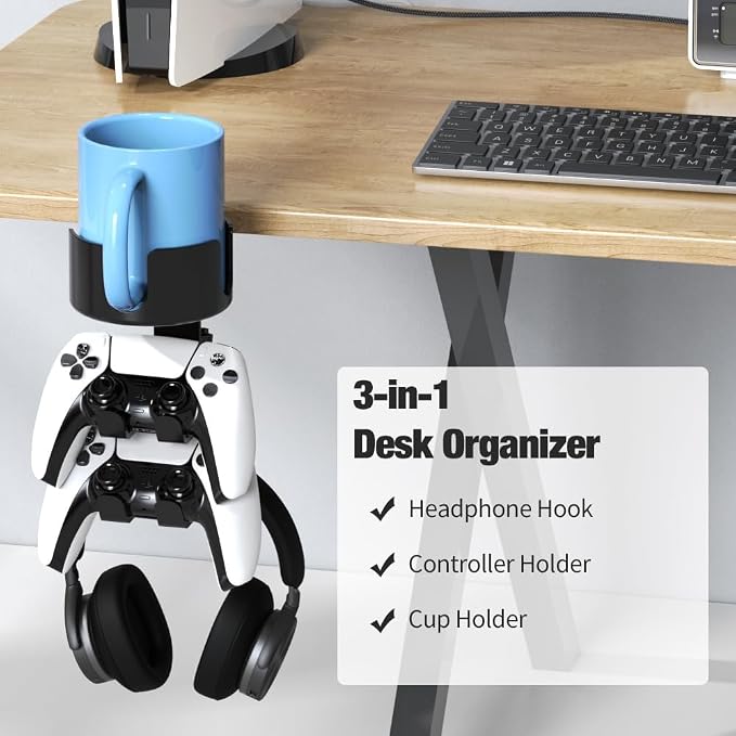 360° Rotating Desk Cup Holder with Headset Hanger | Controller Headphone Holder with Adjustable Headset Hanger Stand, Gaming Pc Accessories - Image 2