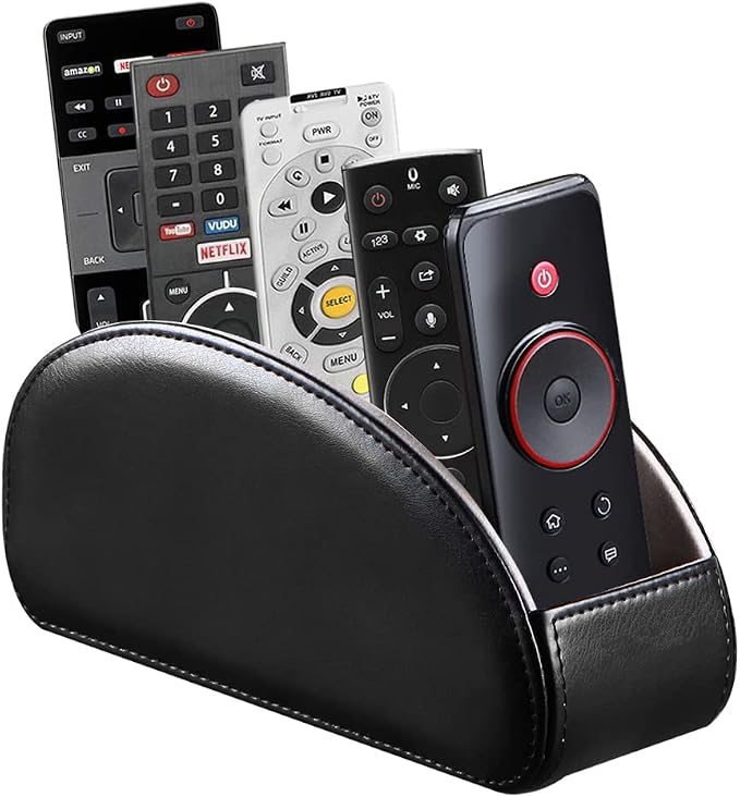 PU Leather Remote Control Holder with 5 Compartments - Storage Tray & Desktop Organizer for TV Remotes,Glasses,Pens,Accessories - Space-Saving Design for Bedside Table & Office Desk (Black) by Arniche