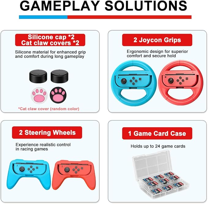 Accessories Bundle for Nintendo Switch 1/OLED, OUNFNOE 19-IN-1 Kits for Switch OLED Accessories, Carrying Case, Controller Charging Dock, Joy-Con Thumb Grips, Tempered Screen Protector, Steering Wheels for Mario Kart, Protective Console Cover - Image 9