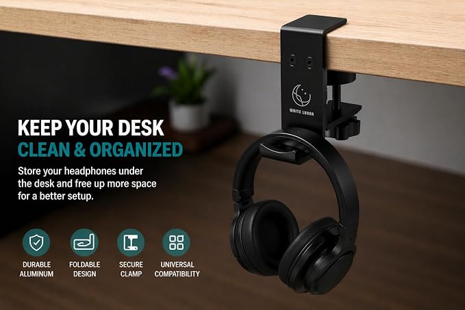 Under Desk Headphone Hanger, Foldable Aluminum Headset Hook for Clean Desk Setup, Space Saving Clamp Mount for Gaming & Home Office - Image 2