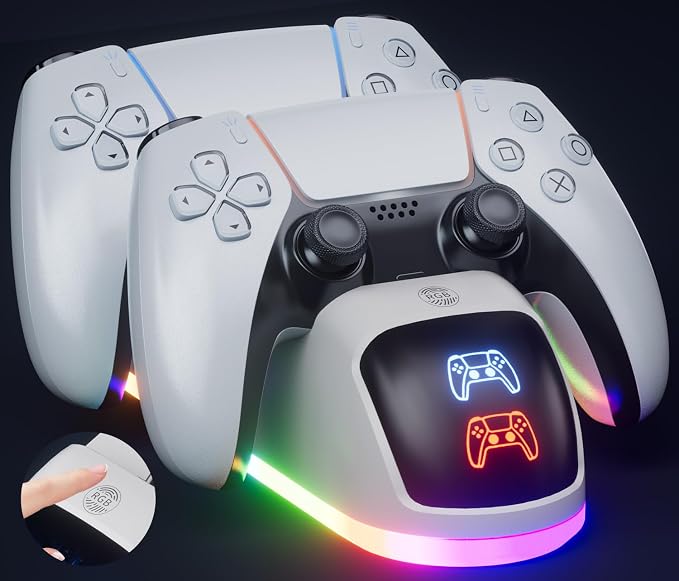PS5 Controller Charger Station，Upgrade Version with 10 LED Mode & RGB Button, Safe Fast Charging and Overcharge Protection Dock for Dualsense PlayStation 5 Controllers by ThinTree
