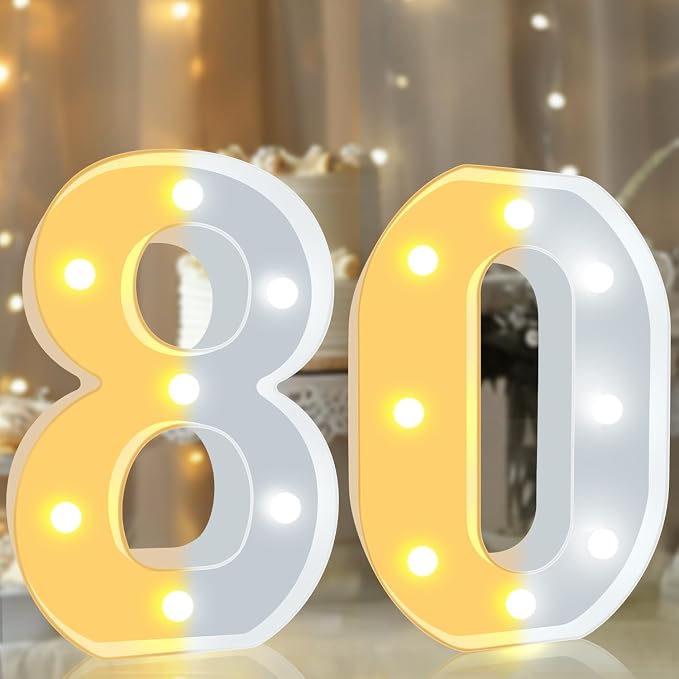 Pooqla 80th Birthday Decoration for Woman Man, Decorative LED Light Up Numbers, Marquee Numbers 80 Sign for Party Backdrop 80th Wedding Anniversary Decor, Warm White and Cool White Number 80 - Image 7