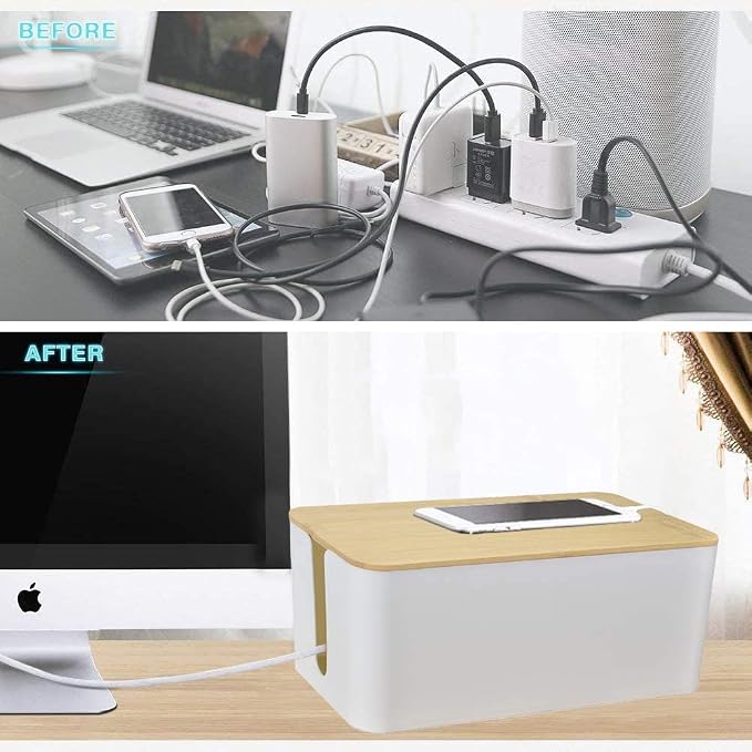PowerKing Cable Management Boxes Organizer, Bamboo Lid, Large Storage Wires Keeper Holder for Desk, TV, Computer, USB Hub, System to Cover and Hide & Power Strips & Cords (Ice White) - Image 7
