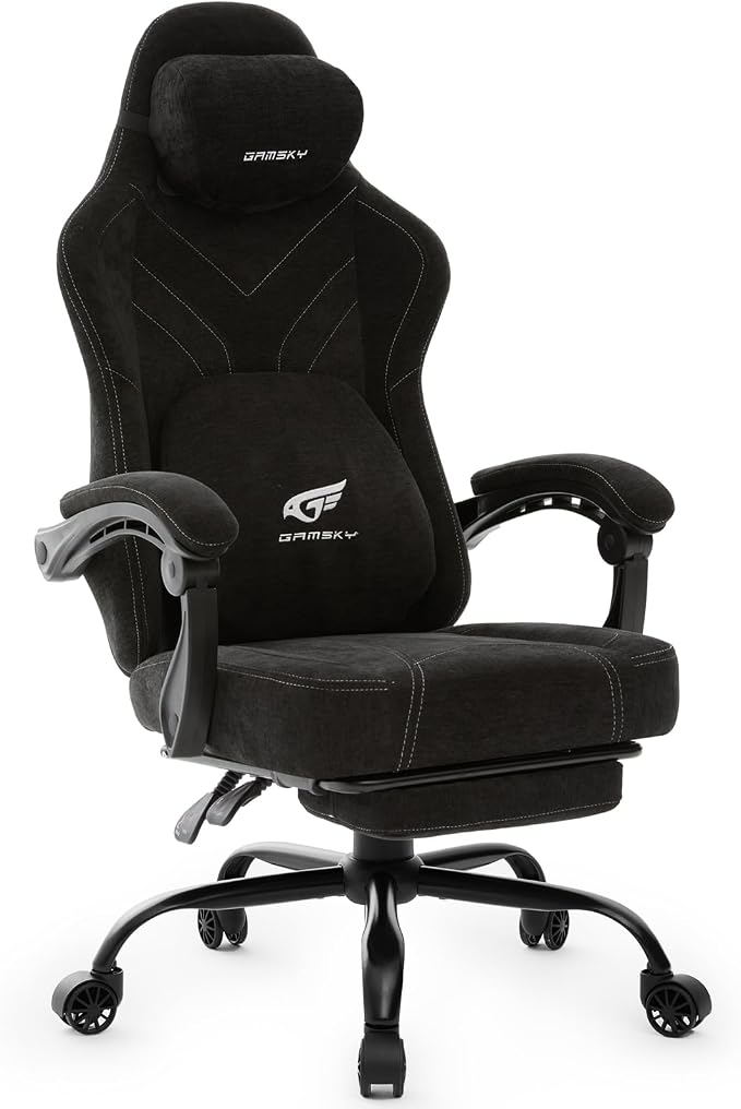Ergonomic Gaming Chair for Adults - Comfortable Office Computer Chair with 20.5” Wide Seat, Adjustable Video Game Chair with Footrest and Lumbar Support for Home Office, Black by Gamsky