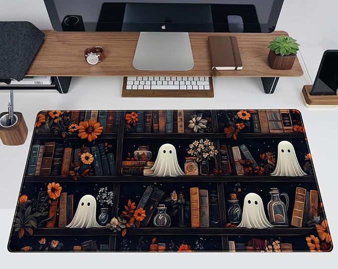 Cute Ghost Desk Mat Dark Vintage Large Mouse Pad Gaming Black Mouse Pad XXL Large Gaming Mousepad Desk Mat for Desktop Office Computer Laptop Keyboard and Mouse Mat - 31.5 X 15.7 in Desktop Protector - Image 2