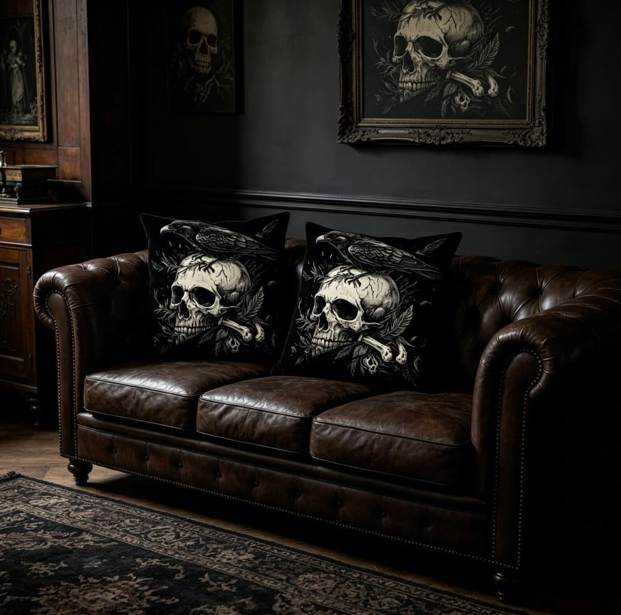 Gothic Skull Raven Throw Pillow Covers, Black, Linen, 18x18 Inch, Set of 2, Square, Machine Washable,Halloween Decorations - Image 4