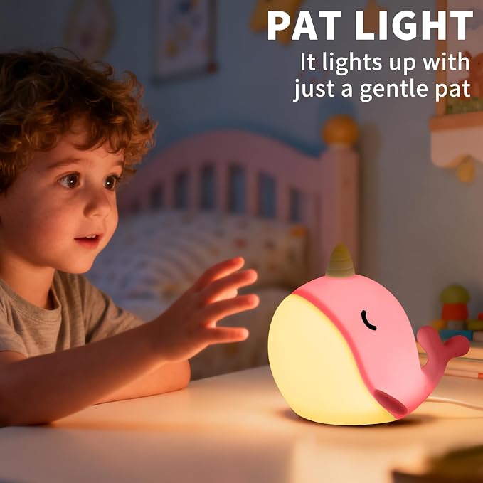 Cute Narwhal Night Light, Tap Control with 3 Warm White Brightness, USB Kids Bed Lamp with 30-Minute Timer, Soft Silicone Glow for Nursery, Birthday Gift (Pink Narwhal) - Image 5