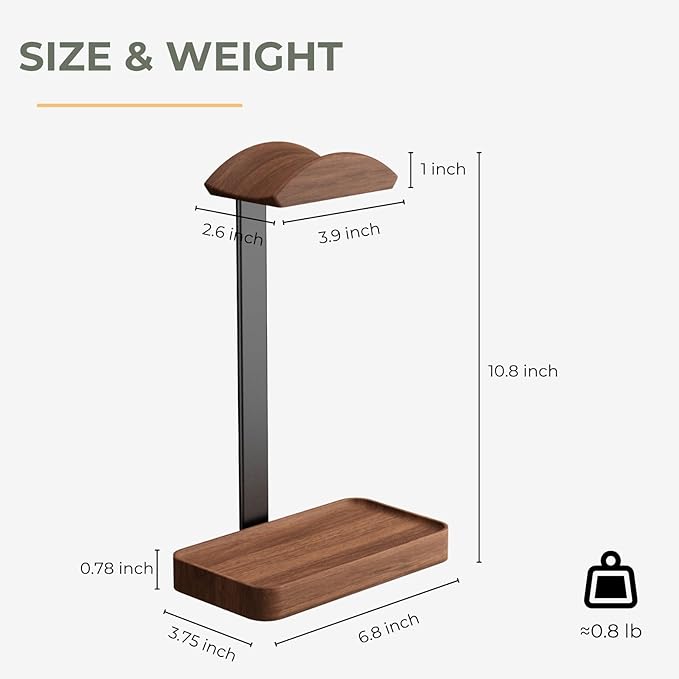 muso wood Walnut Headphone Stand, Wood Headset Stand with Storage Base | Desk Holder for Gaming & Office, Compatible with AirPods Max, Bose, Razer Headsets - Image 6