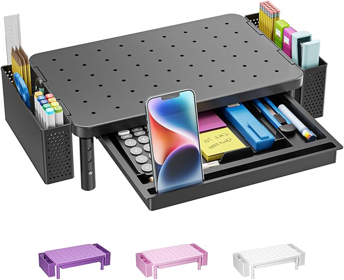 WALI Computer Monitor Stand with Storage and Pen Holder | 3 Height Adjustable Desk Organizer with Drawer, Laptop Monitor Riser for Computer, Laptop, Printer(PTT003-B), 1 Pack, Black by WALI