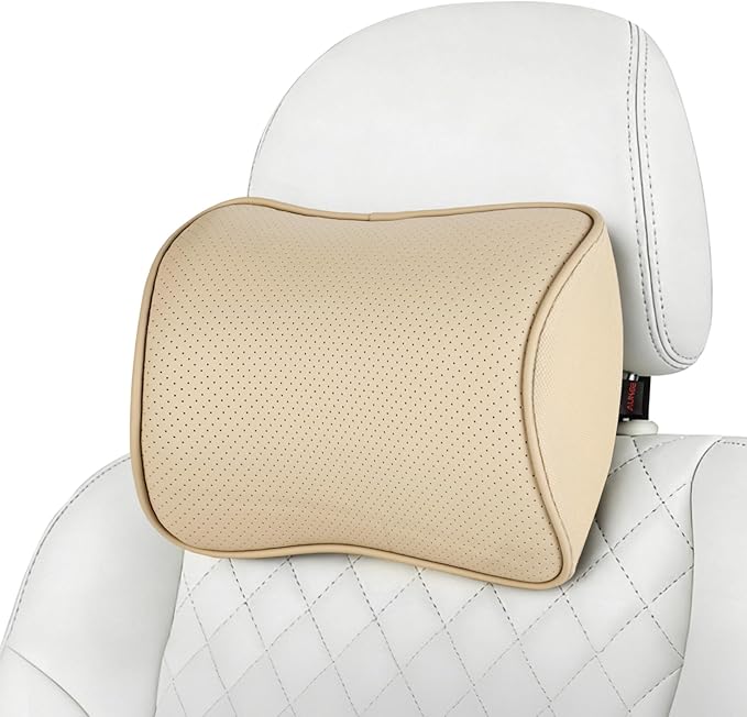 Aukee Car Headrest Pillow Memory Foam Car Neck Pillow Soft Leather Headrest for Driving Home Office Beige (1PC) by au-kee