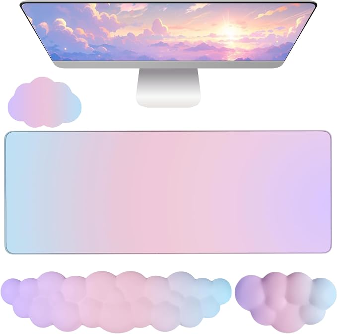 Cloud Mouse Pad Keyboard Wrist Rest 4PCS Extended Large Pink Sky Desk Mat Pad Set Memory Foam Non-Slip Cute Ergonomic Gaming Mouse Pad Wrist Support for Computer Laptop Home Office Pink Purple by WFCYGL